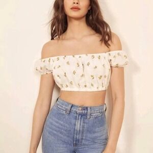 Reformation Juju Linen Crop Top On Off Shoulder Puff Sleeve Yellow Rosebud XS